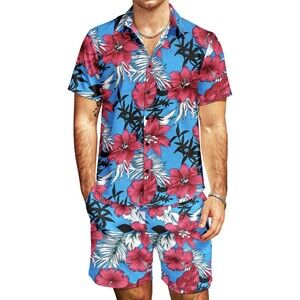 JOGAL Men's XXL Casual Button Down Short Sleeve Hawaiian Print Short Set #2